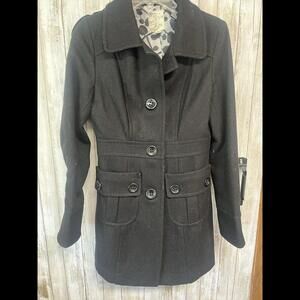Anthropologie Tulle Medium Black Pockets Wool Viscose‎ Blend Long Peacoat